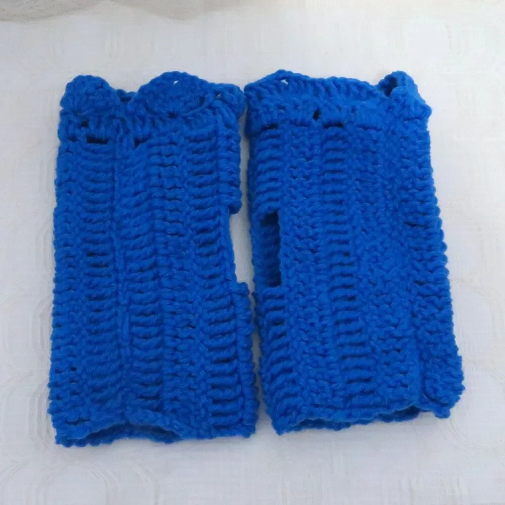 Handmade Crocheted Fingerless Gloves, Royal Blue Fingerless Mittens Women Ruffle